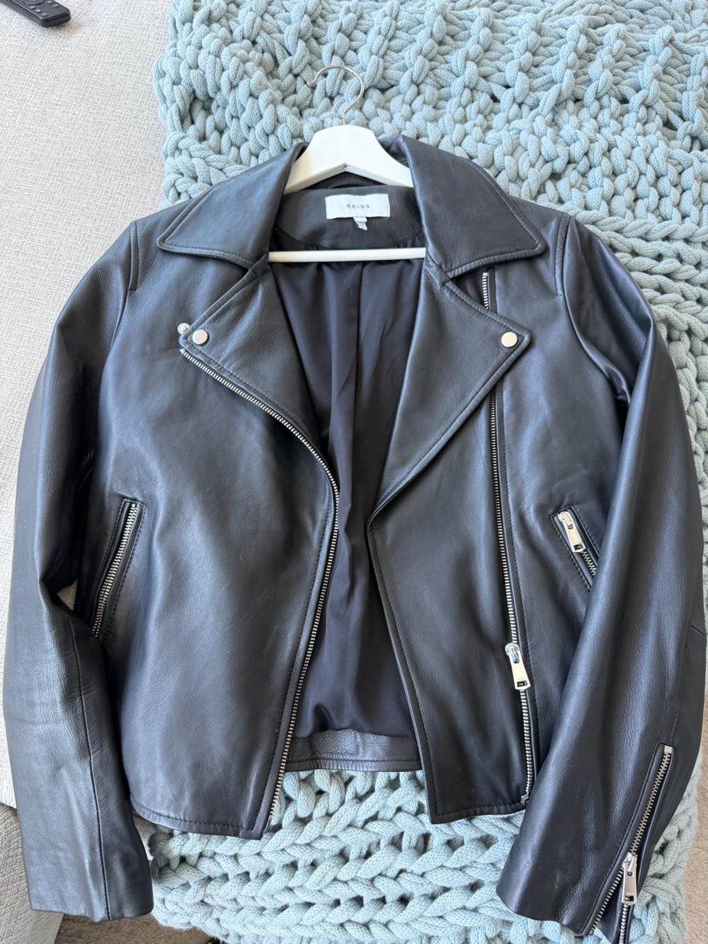 Reiss Black Leather Bomber Jacket with Silver Hardware